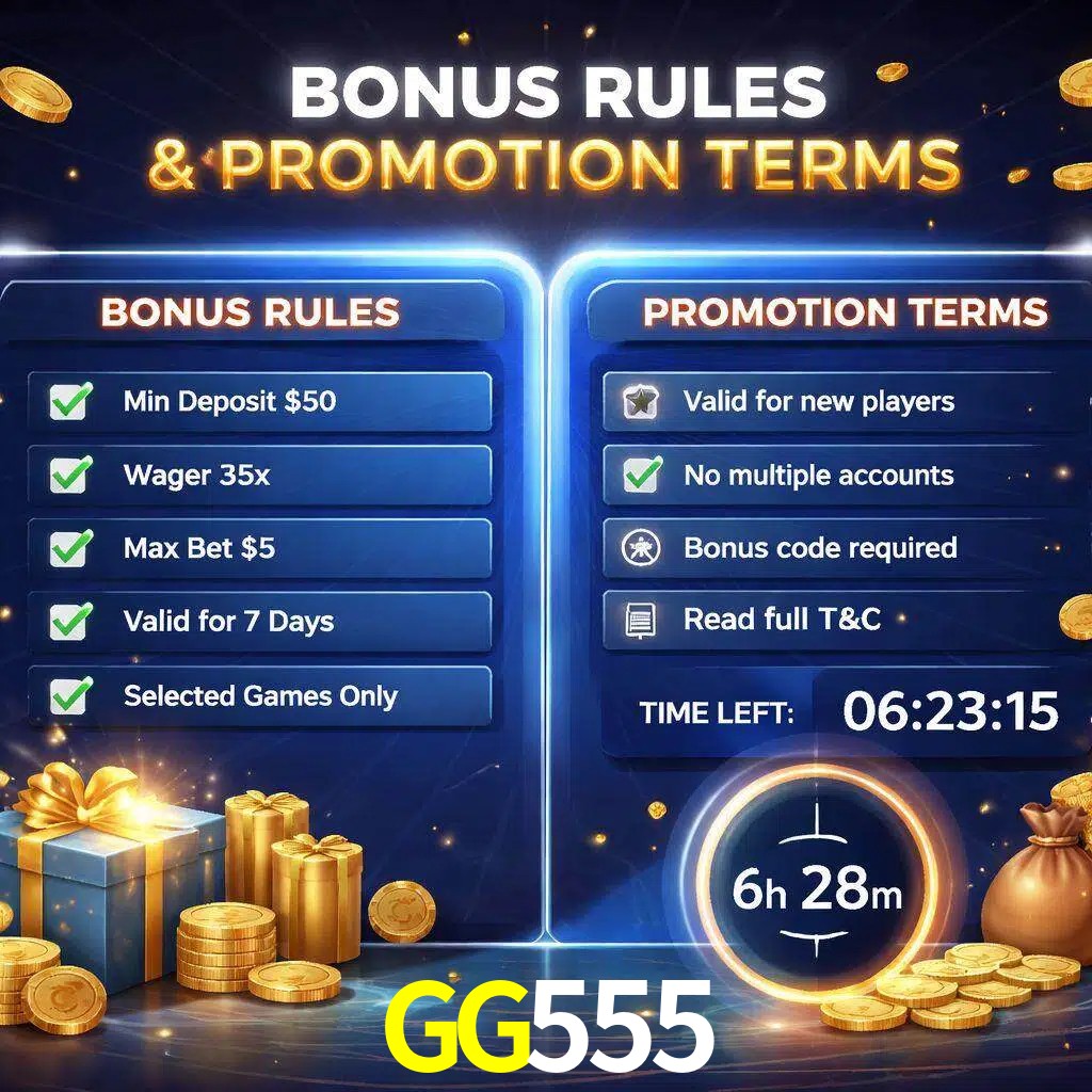 Reglas de promoción GG555 y condiciones de bonos explicadas visualmente