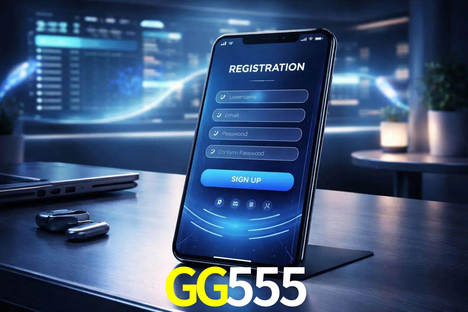 Una interfaz moderna de registro móvil para GG555 mostrada en un smartphone con un panel de apuestas elegante.
